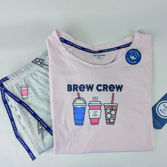 Life Is Good Brew Crew Coffee Print PJ Set Short Sleeve Pants Pink Grey XL NWT - Picture 1 of 11
